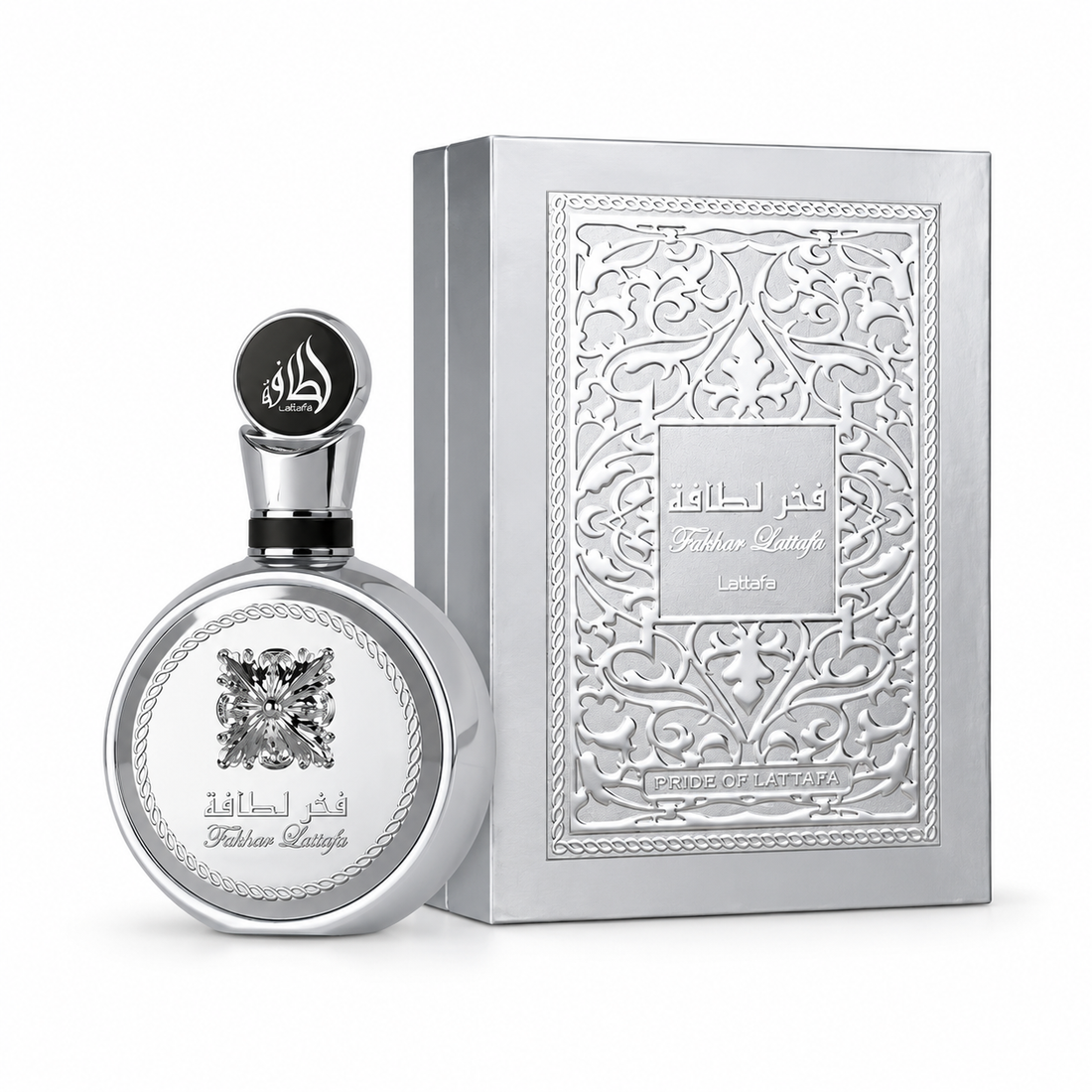 Lattafa Fakhar Platin Eau de Parfum para hombre 100 ml sobre fondo blanco