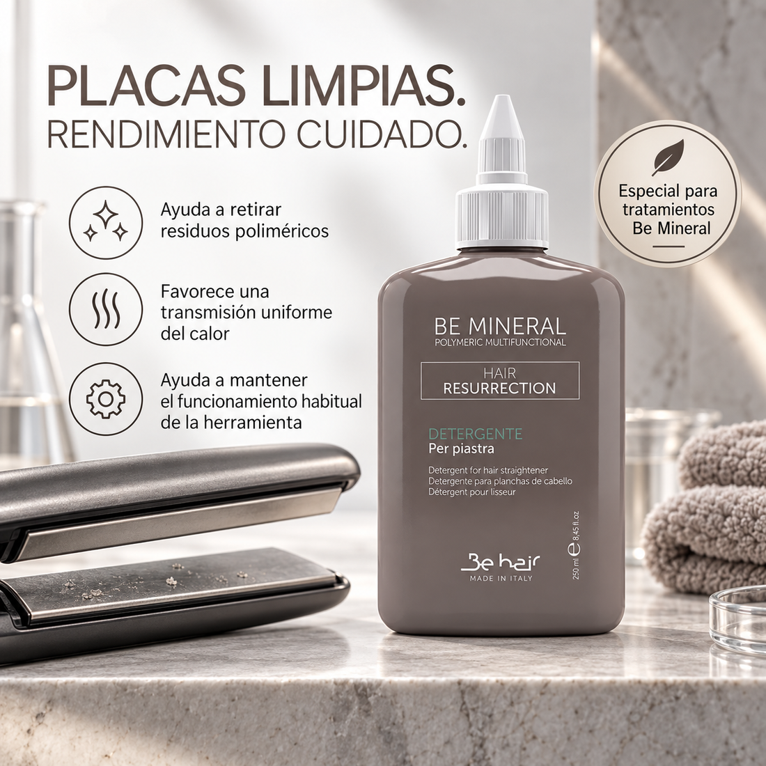 Be Mineral – Limpiador para Planchas de Cabello de Uso Profesional 250 ml