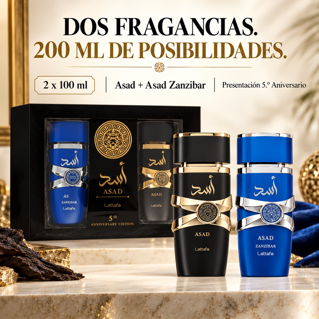 Lattafa – Estuche de Perfumes para Hombre Asad + Asad Zanzibar 2 x 100 ml