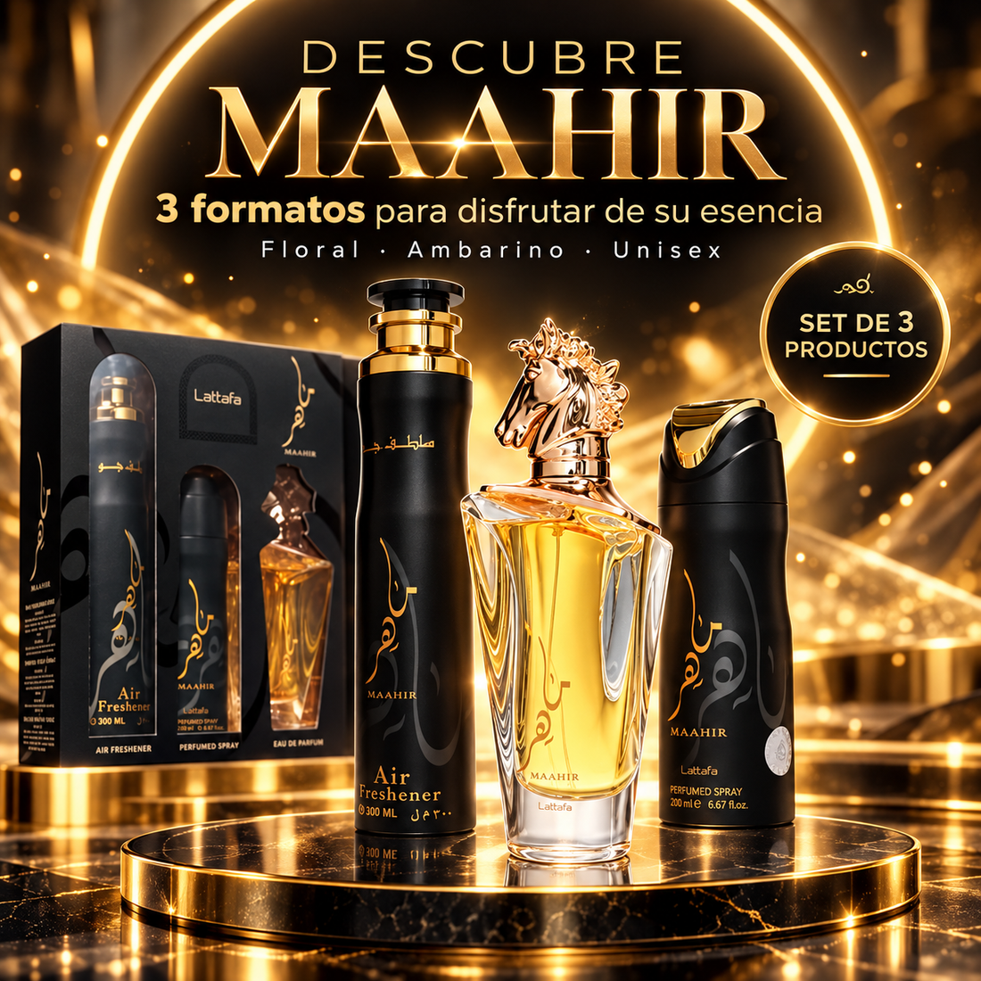 Lattafa – Set de Perfume Unisex Maahir Floral Ámbar 100 ml + 200 ml + 300 ml