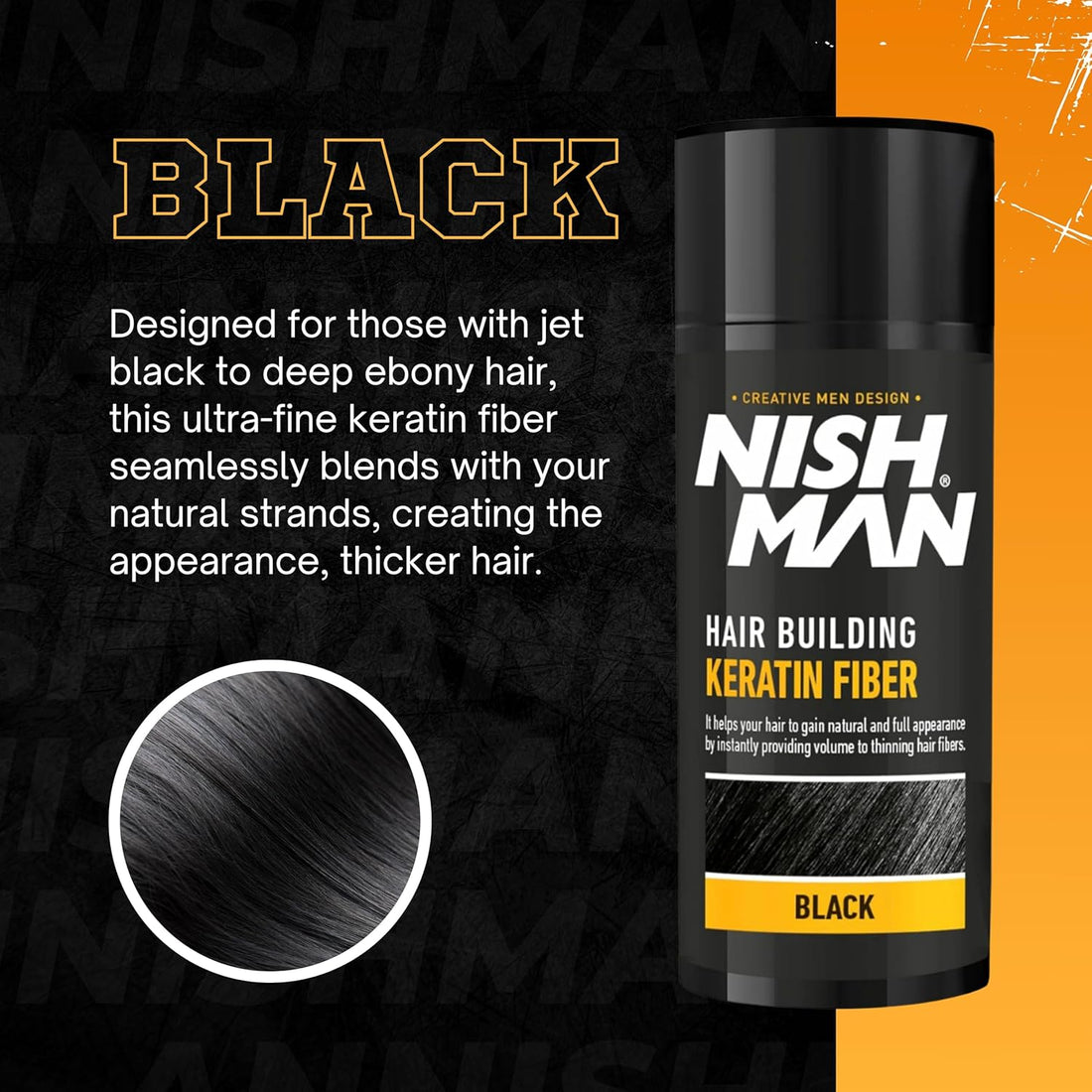 NISHMAN Hair Building Keratin Fiber - Negro 21g - Efecto Voluminoso Instantáneo para Cabello Fino - Potentes Fibras de Queratina para un Cabello de Apariencia Más Densa