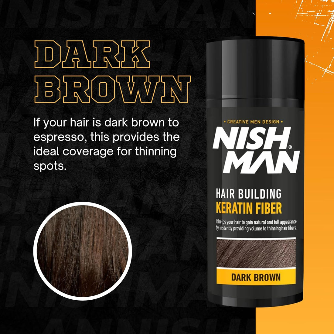 NISHMAN Hair Building Keratin Fiber - Marrón Oscuro 21g - Efecto Voluminoso Instantáneo para Cabello Fino - Potentes Fibras de Queratina para un Cabello de Apariencia Más Densa