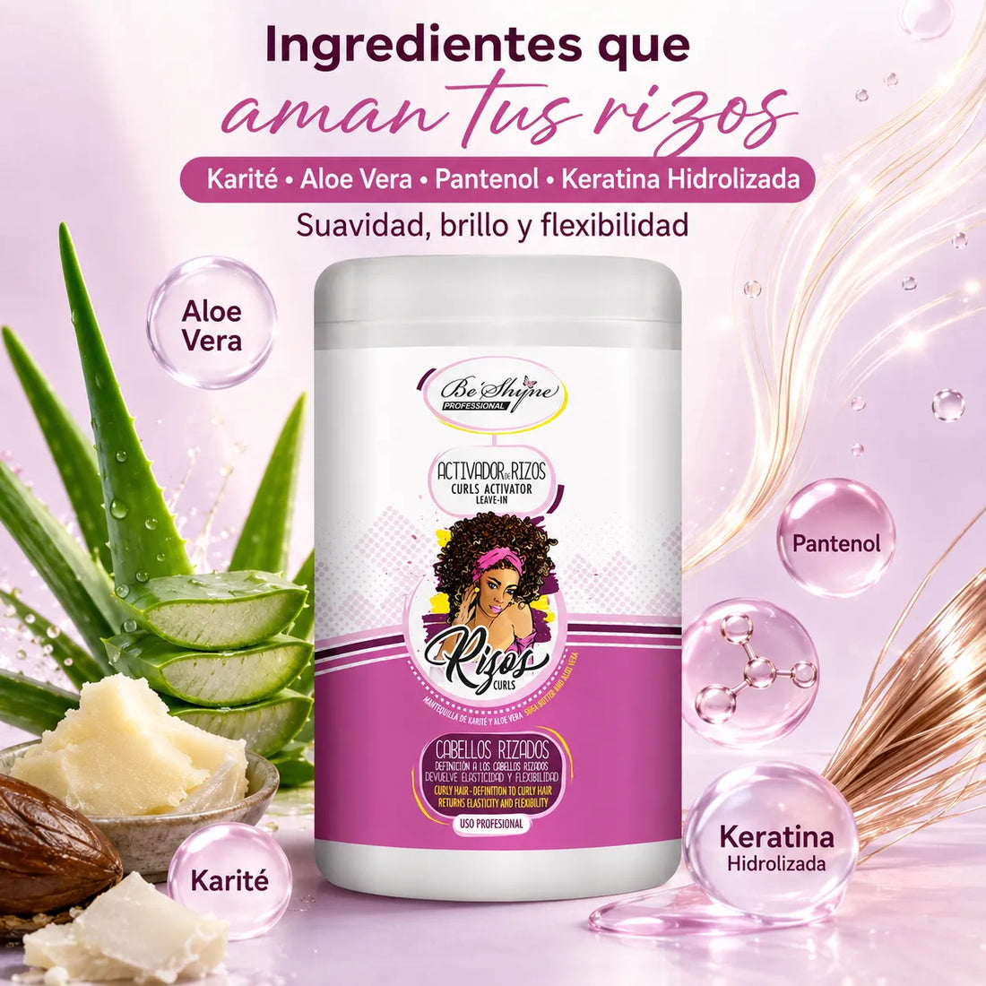 Be´Shyne – Activador de Rizos Leave-In con Karité y Keratina para Cabello Rizado 1000ml