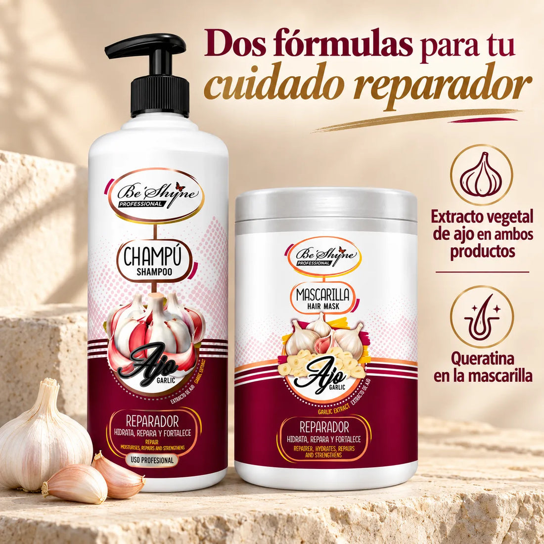 Be'Shyne – Pack Champú y Mascarilla Reparador con Ajo para Cabello Dañado 2 × 1000 ml
