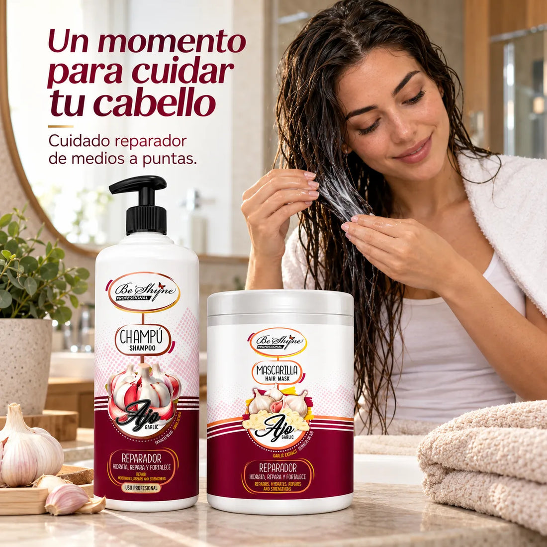 Be'Shyne – Pack Champú y Mascarilla Reparador con Ajo para Cabello Dañado 2 × 1000 ml