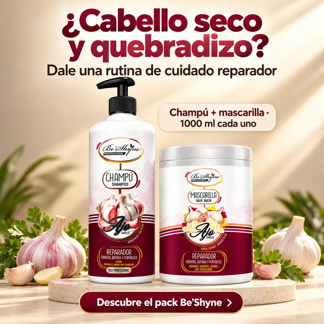 Be'Shyne – Pack Champú y Mascarilla Reparador con Ajo para Cabello Dañado 2 × 1000 ml