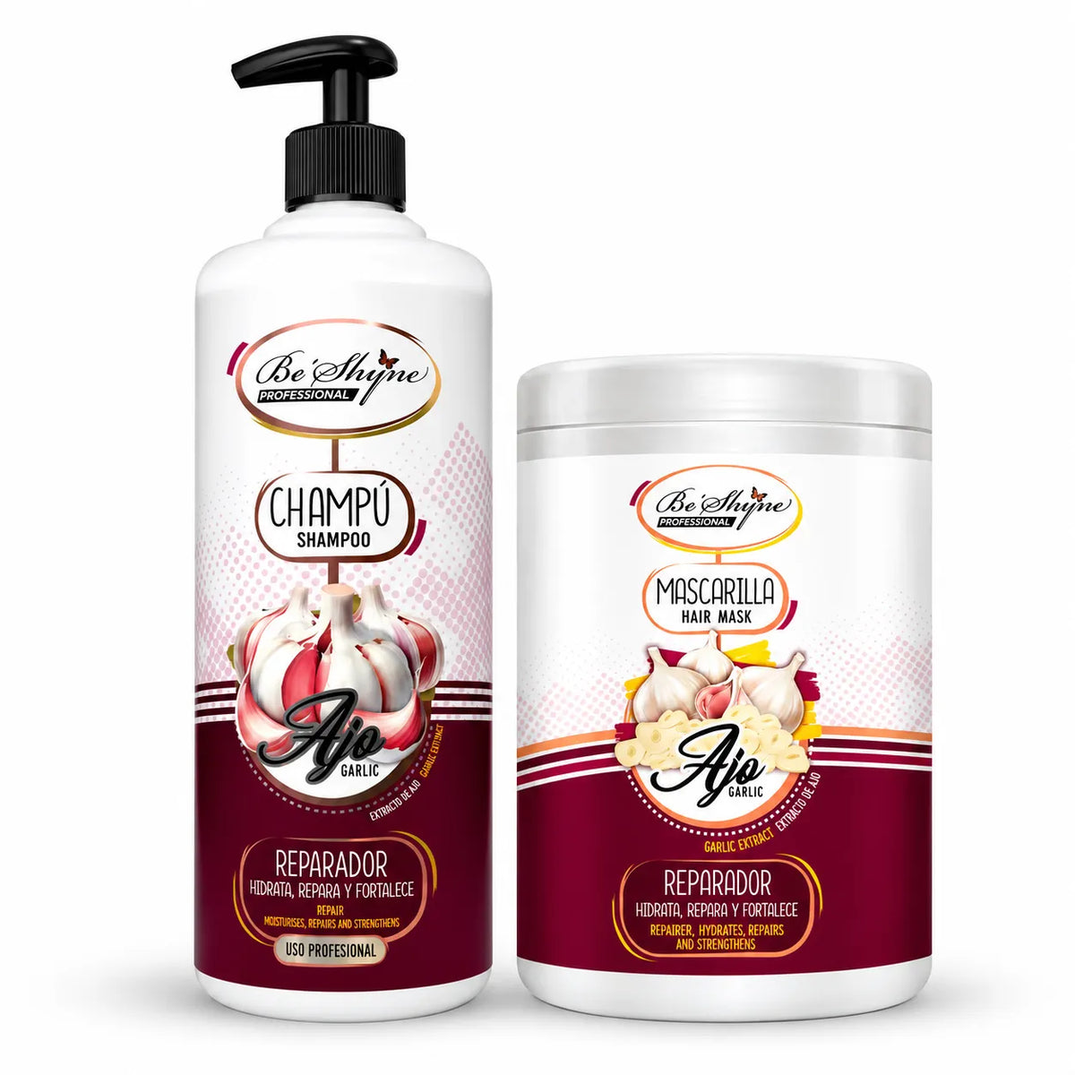 Be'Shyne – Pack Champú y Mascarilla Reparador con Ajo para Cabello Dañado 2 × 1000 ml