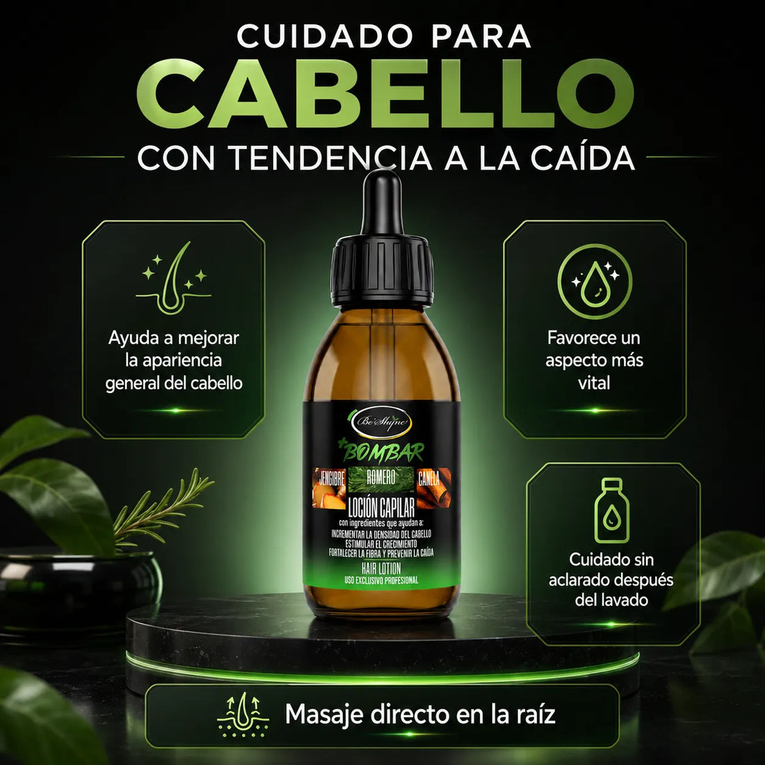 Be'Shyne +Bombar – Loción capilar para cabello con caída 125 ml