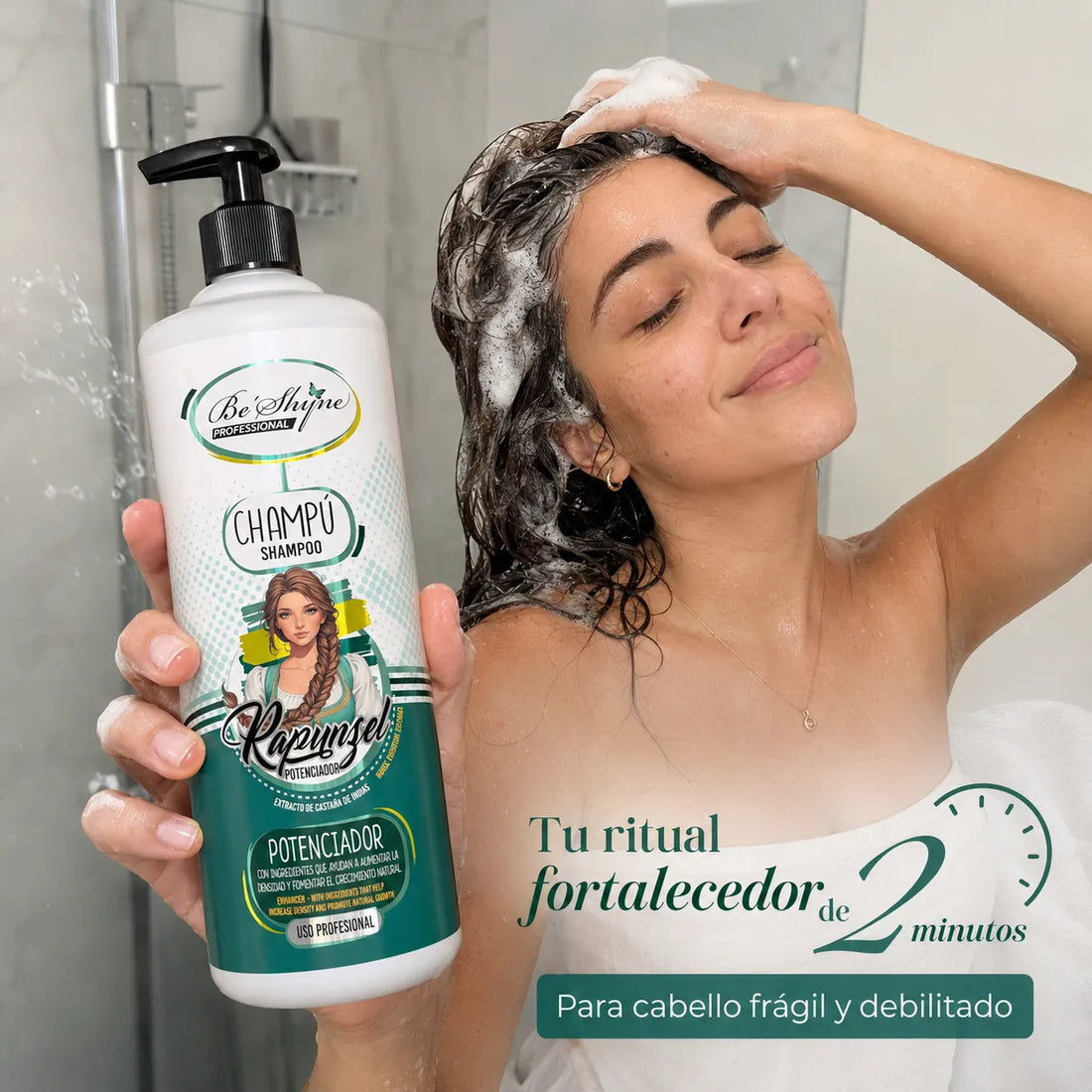 Be´Shyne® – Champú Rapunzel Potenciador con Biotina y Castaño de Indias para Cabello Frágil 1000ml/500ml