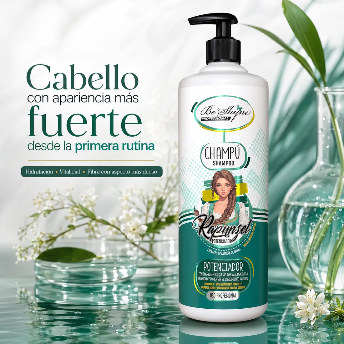 Be´Shyne® – Champú Rapunzel Potenciador con Biotina y Castaño de Indias para Cabello Frágil 1000ml/500ml