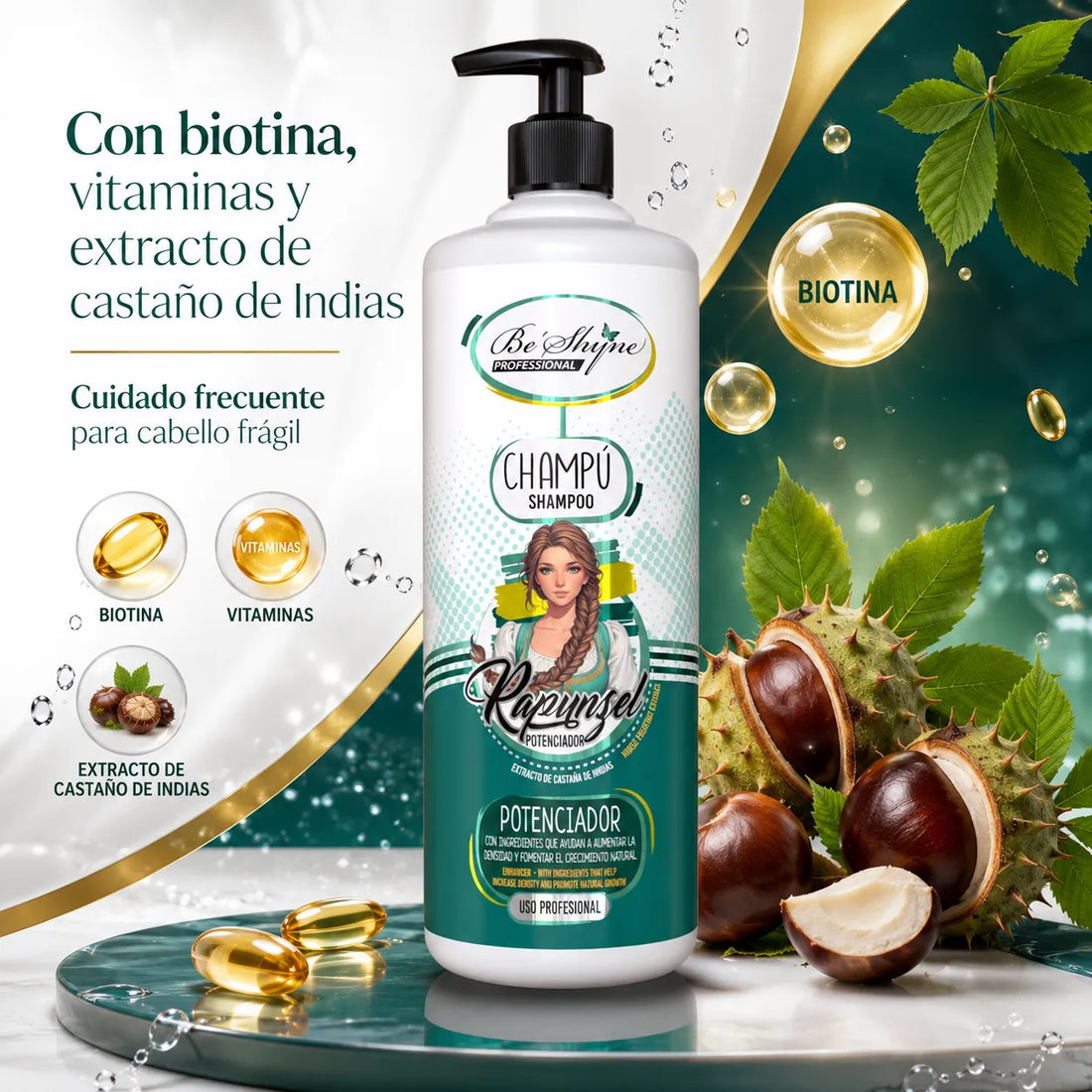 Be´Shyne® – Champú Rapunzel Potenciador con Biotina y Castaño de Indias para Cabello Frágil 1000ml/500ml