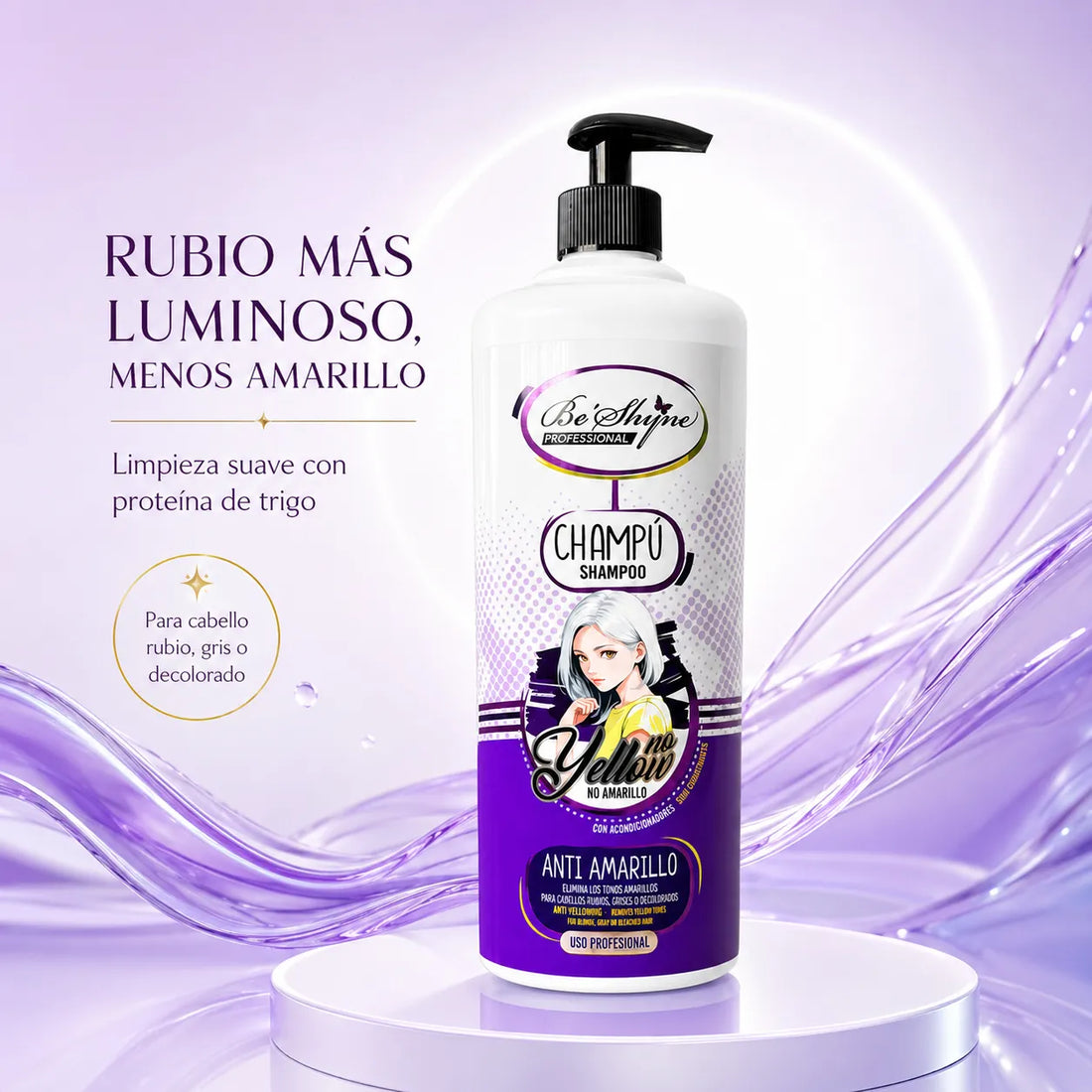 Be’Shyne® – Champú Antiamarillo con Proteína de Trigo para Cabello Rubio, Gris o Decolorado 1000ml