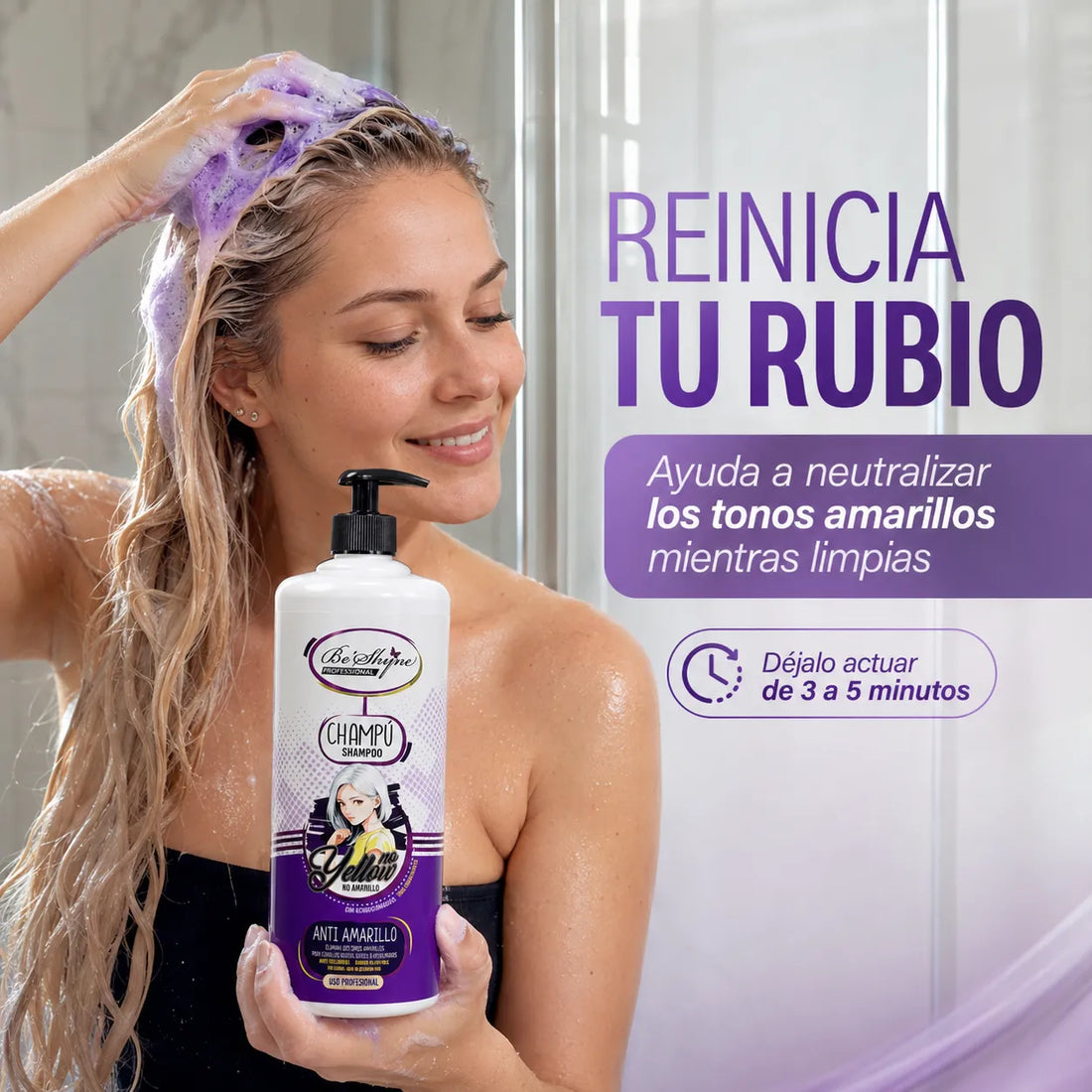 Be’Shyne® – Champú Antiamarillo con Proteína de Trigo para Cabello Rubio, Gris o Decolorado 1000ml