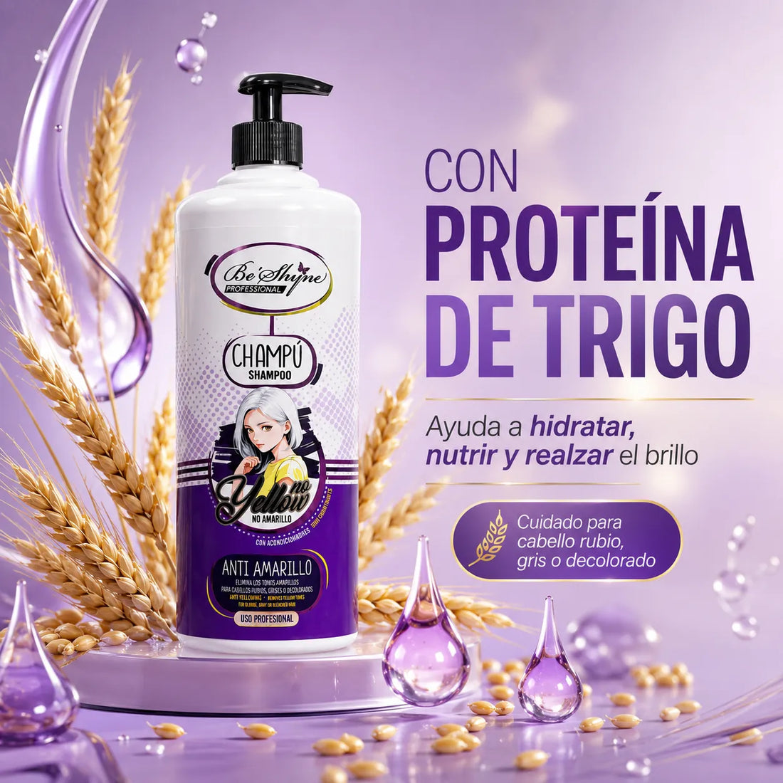 Be’Shyne® – Champú Antiamarillo con Proteína de Trigo para Cabello Rubio, Gris o Decolorado 1000ml