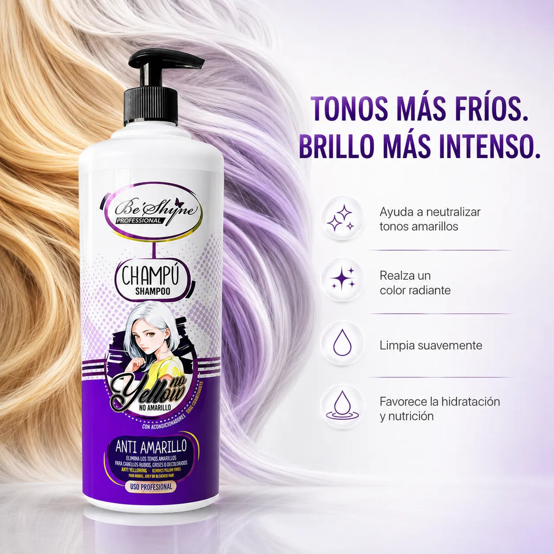 Be’Shyne® – Champú Antiamarillo con Proteína de Trigo para Cabello Rubio, Gris o Decolorado 1000ml