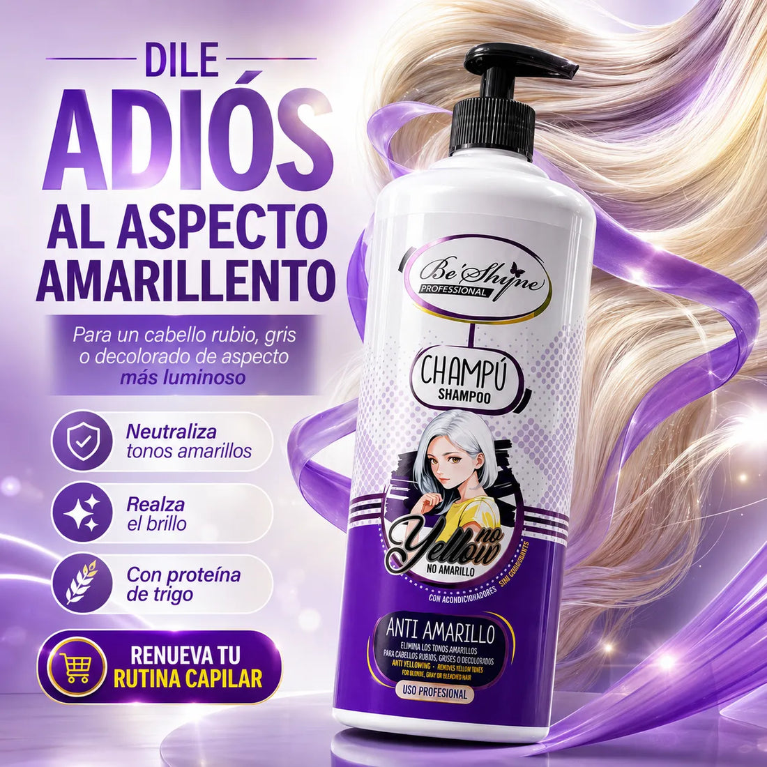 Be’Shyne® – Champú Antiamarillo con Proteína de Trigo para Cabello Rubio, Gris o Decolorado 1000ml