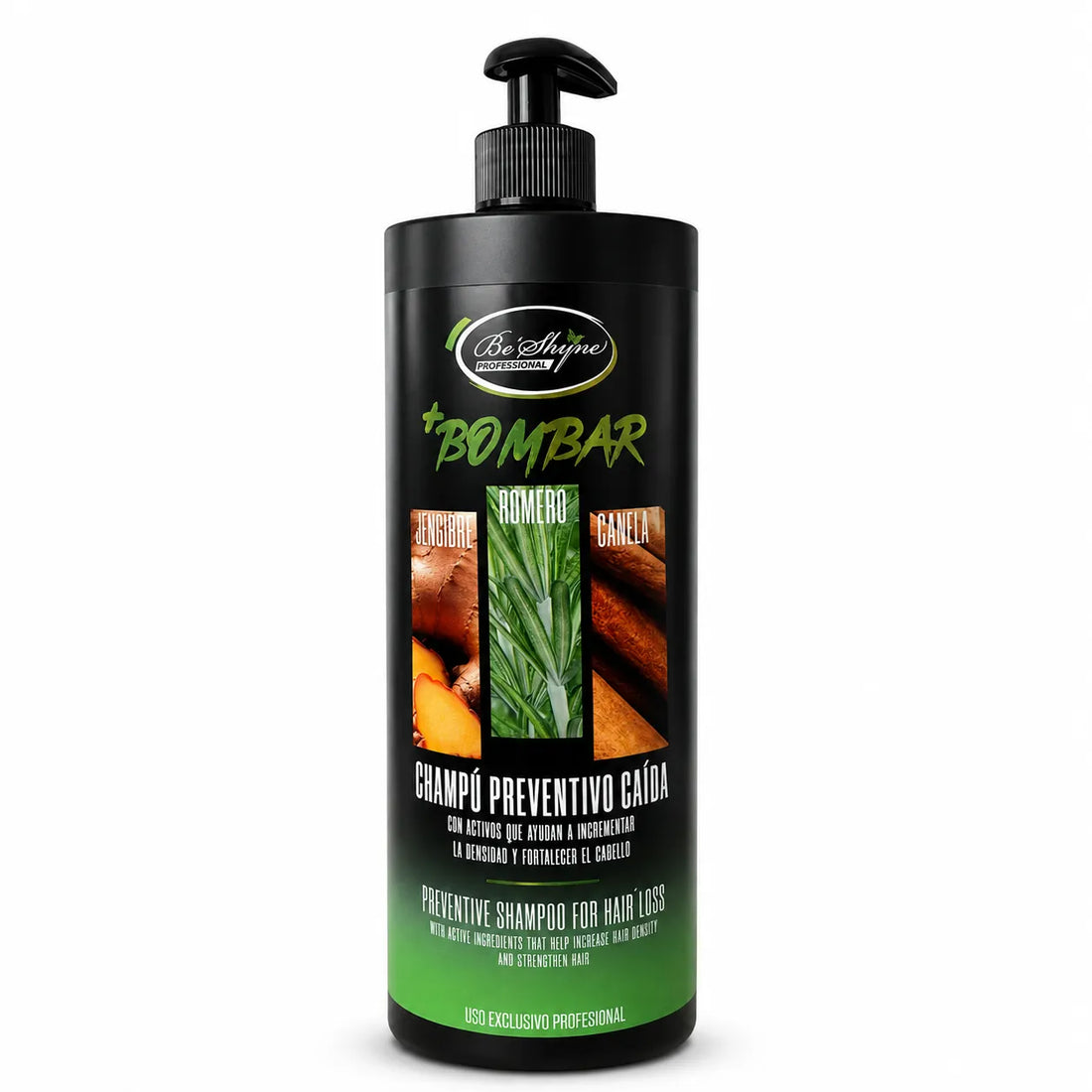 Be'Shyne – Champú Bombar Preventivo para la Caída con Romero, Jengibre y Canela 1000ml