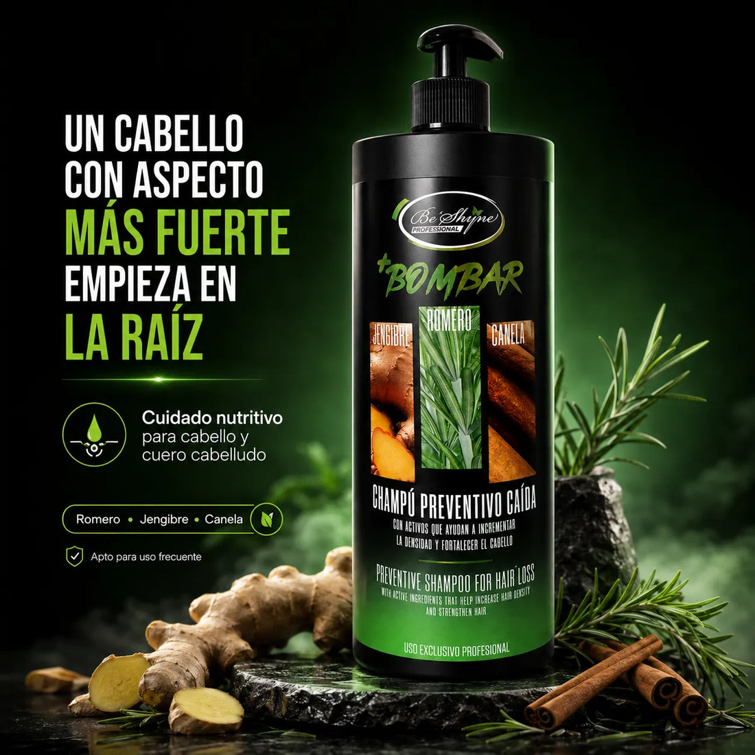 Be'Shyne – Champú Bombar Preventivo para la Caída con Romero, Jengibre y Canela 1000ml