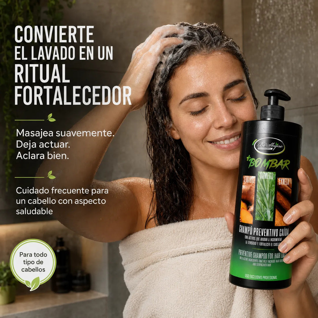 Be'Shyne – Champú Bombar Preventivo para la Caída con Romero, Jengibre y Canela 1000ml