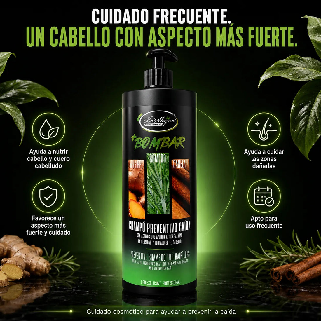 Be'Shyne – Champú Bombar Preventivo para la Caída con Romero, Jengibre y Canela 1000ml