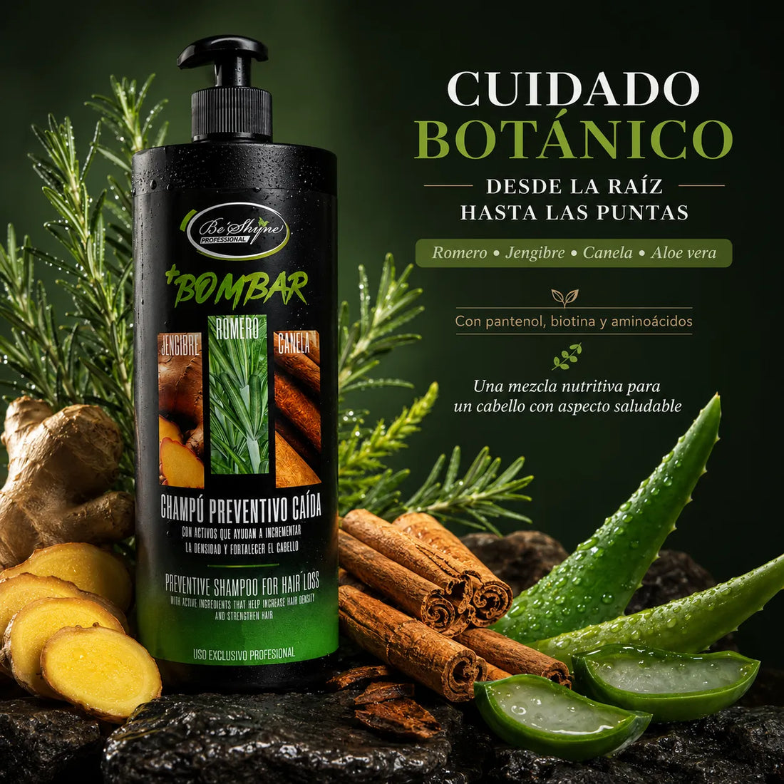Be'Shyne – Champú Bombar Preventivo para la Caída con Romero, Jengibre y Canela 1000ml