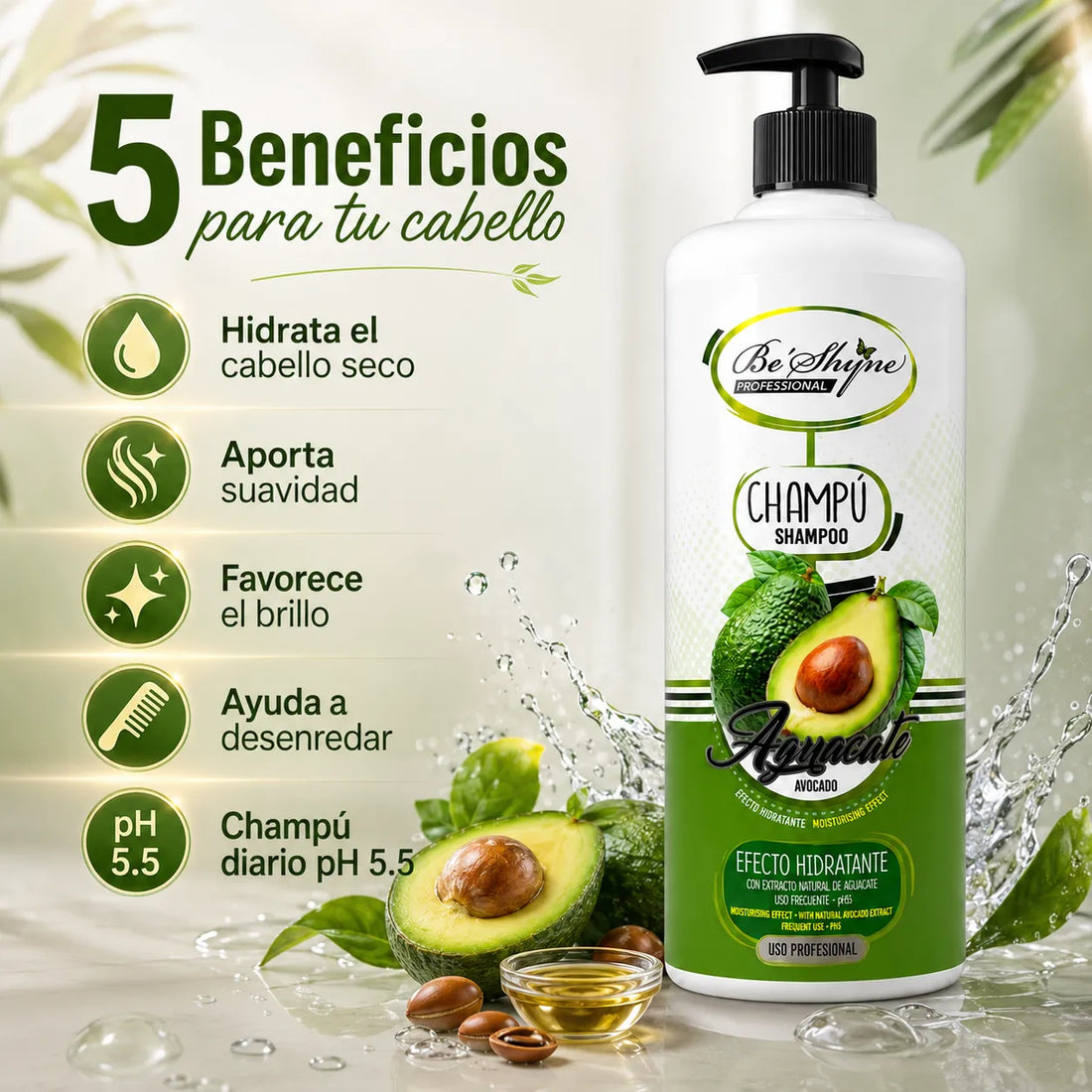 Be´Shyne® – Champú Hidratante de Aguacate para Cabello Seco y Frágil 1000ml