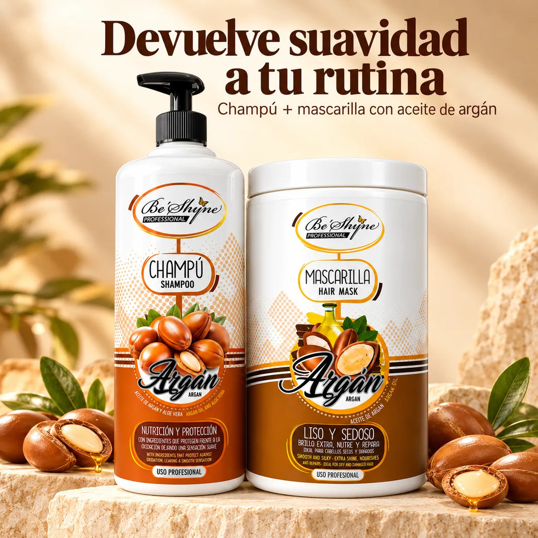 Be'Shyne – Pack de Champú y Mascarilla para Cabello Seco con Argán 2 x 1000 ml