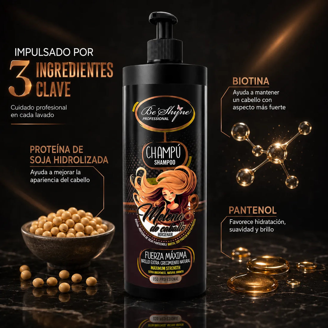 Be´Shyne® – Champú Melenas Fortalecedor con Biotina para Todo Tipo de Cabello 1000ml