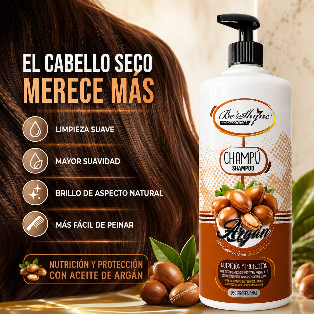 Be'Shyne – Champú para Cabello Seco Nutritivo y Protector con Argán 1000 ml