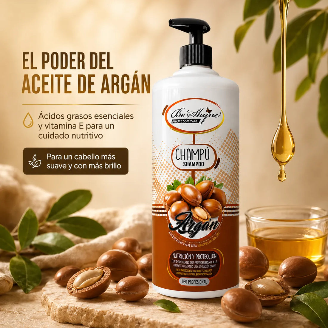 Be'Shyne – Champú para Cabello Seco Nutritivo y Protector con Argán 1000 ml