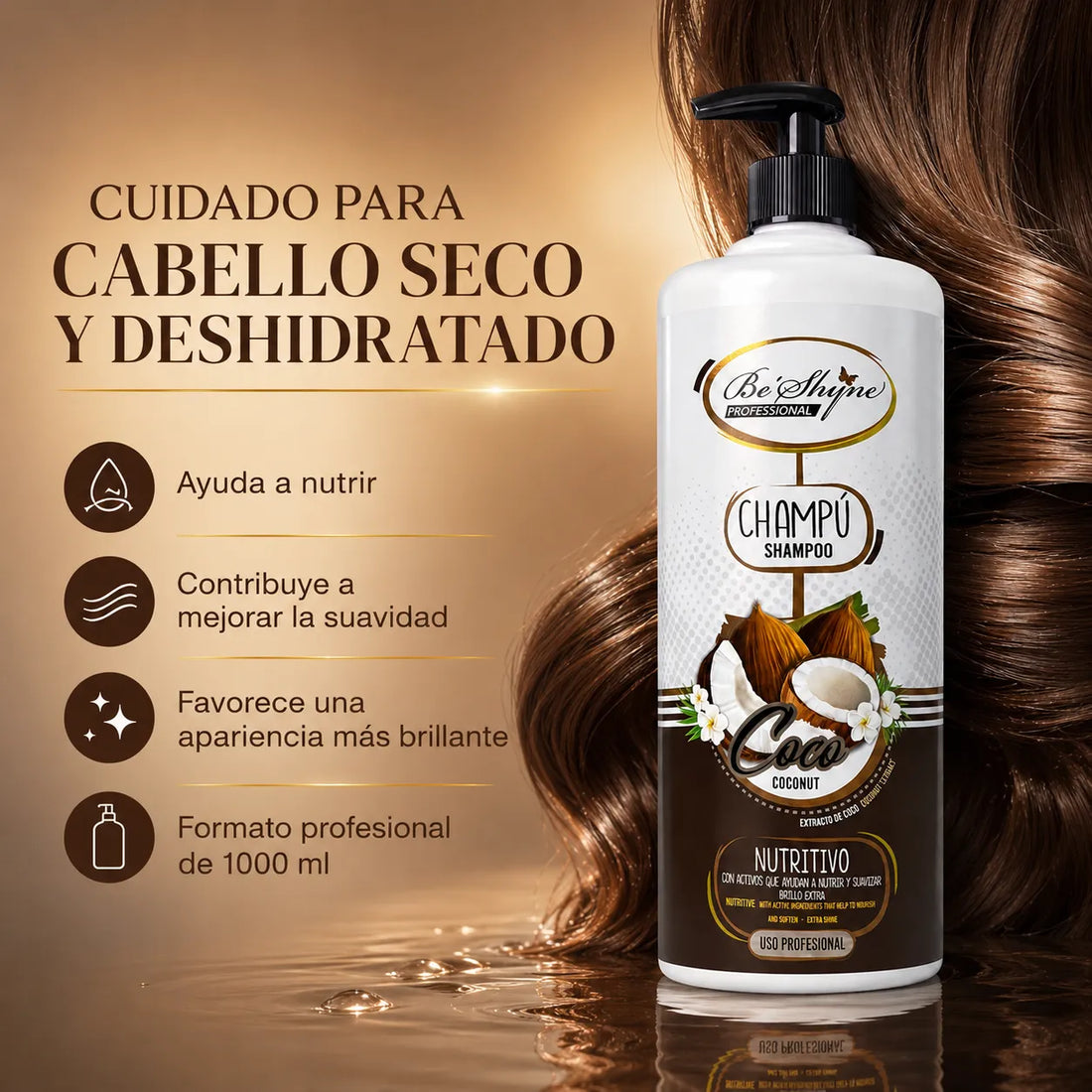 Be'Shyne – Champú para Cabello Seco Nutritivo con Coco 1000 ml