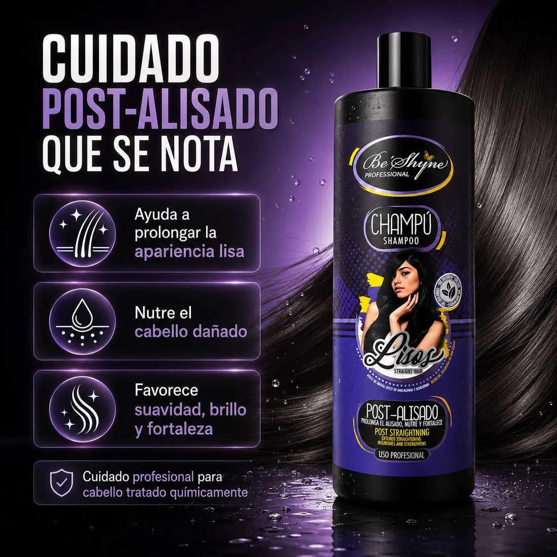 Be'Shyne – Champú Post-Alisado para Conservar el Efecto Liso 1000ml