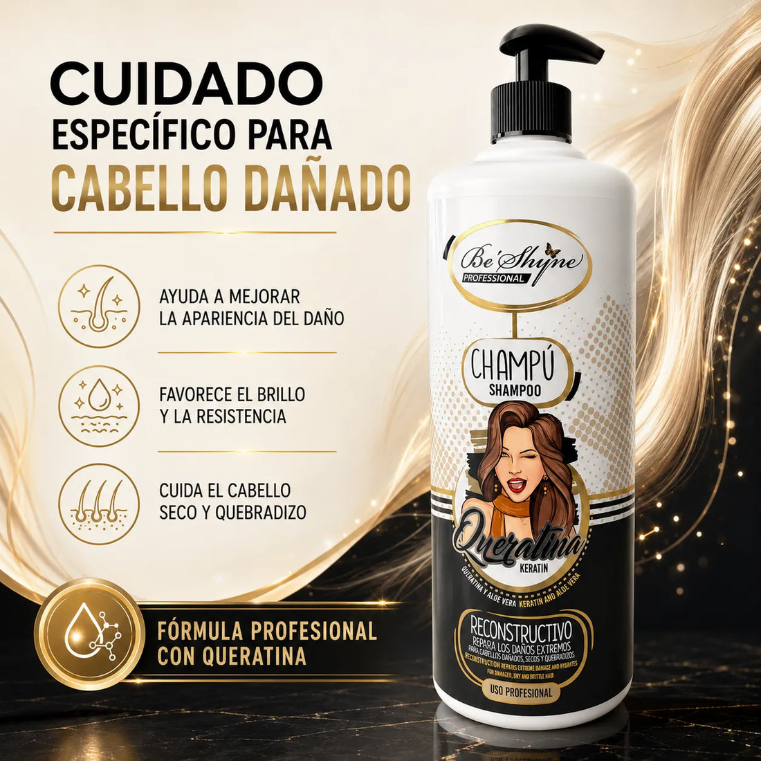 Be'Shyne – Champú reconstructivo para cabello dañado con queratina 1000 ml