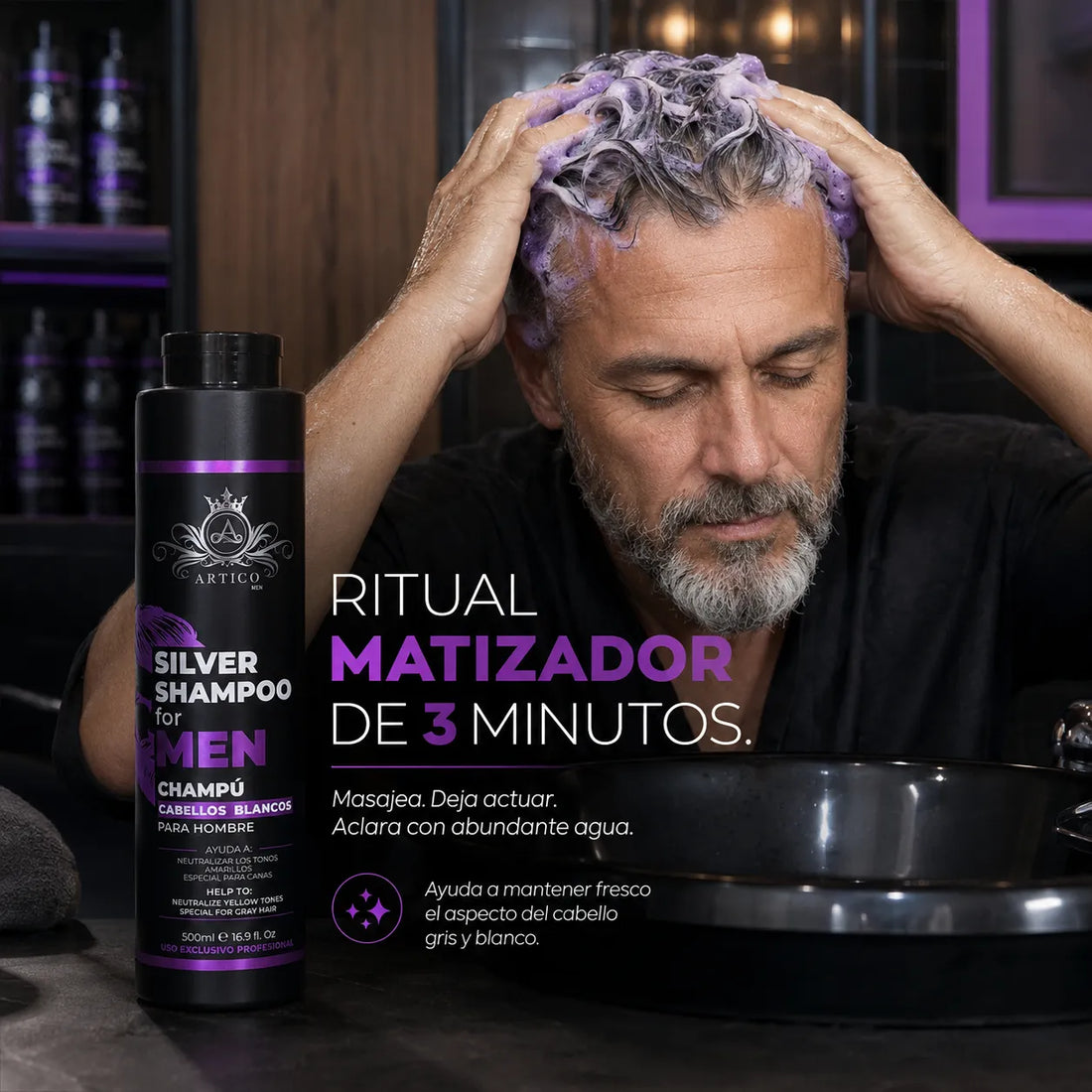 Ártico Men® – Champú matizador para cabello rubio y blanco 500 g