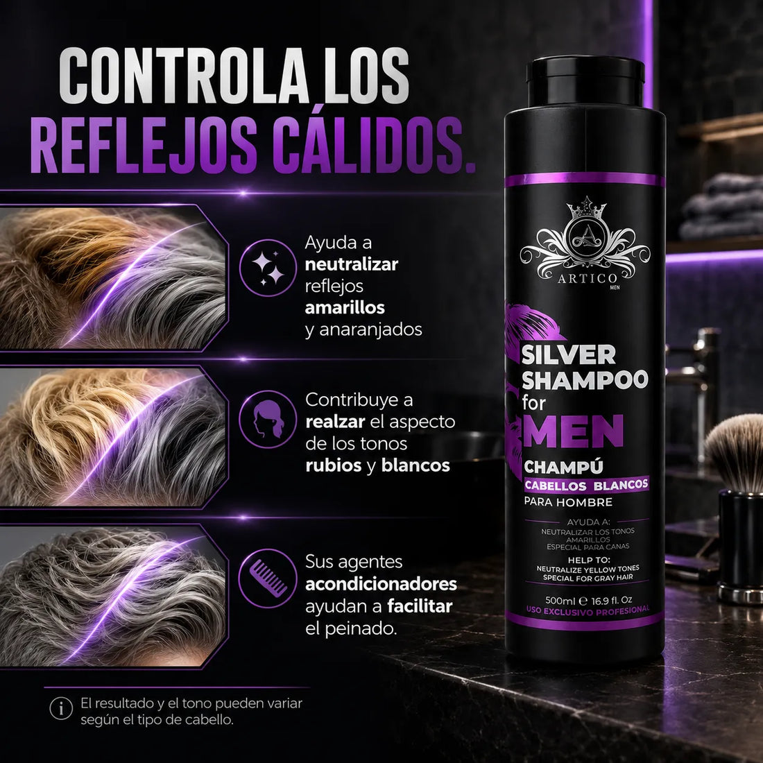 Ártico Men® – Champú matizador para cabello rubio y blanco 500 g