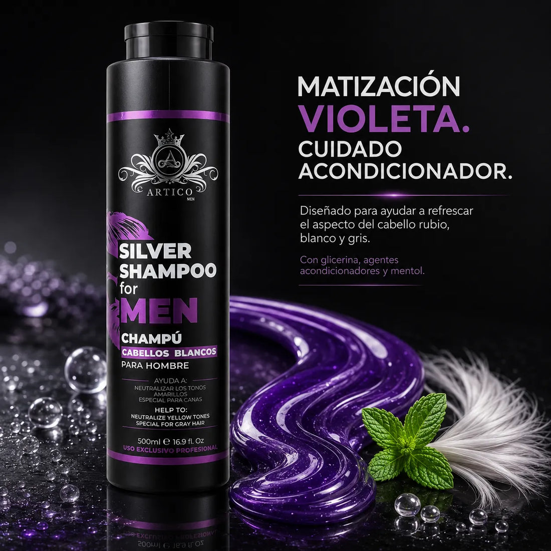 Ártico Men® – Champú matizador para cabello rubio y blanco 500 g