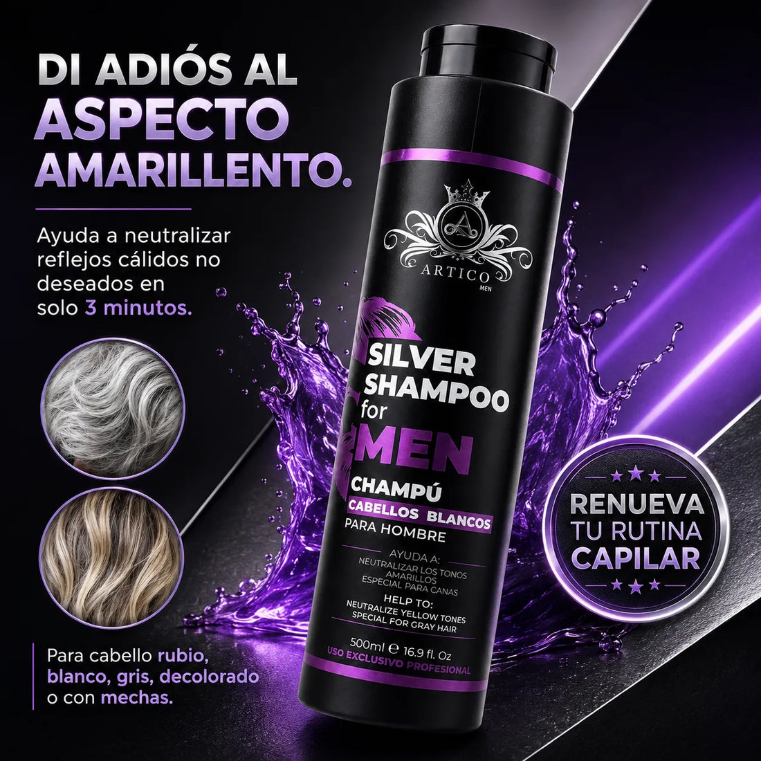 Ártico Men® – Champú matizador para cabello rubio y blanco 500 g