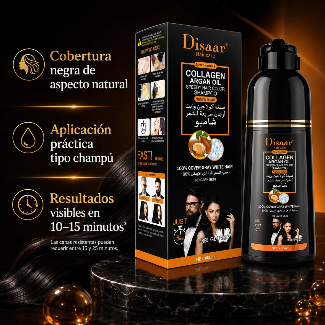 DISAAR – Champú cubre canas negro natural 400 ml