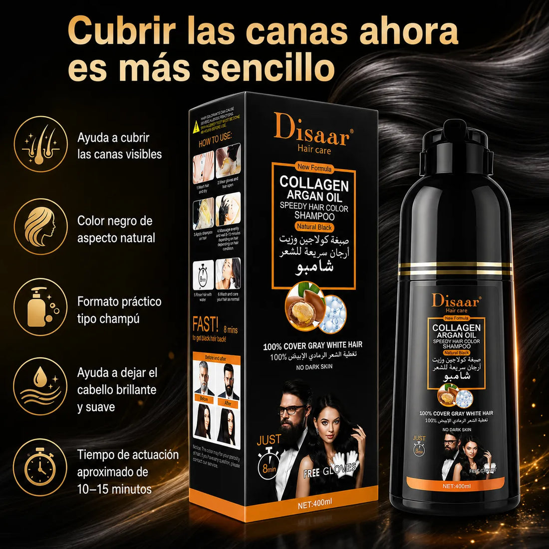 DISAAR – Champú cubre canas negro natural 400 ml