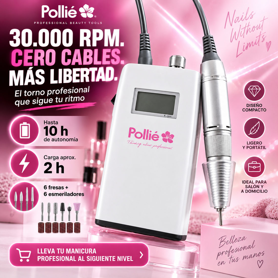 Pollié – Torno para Uñas Profesional Inalámbrico 30.000 RPM con 12 Accesorios