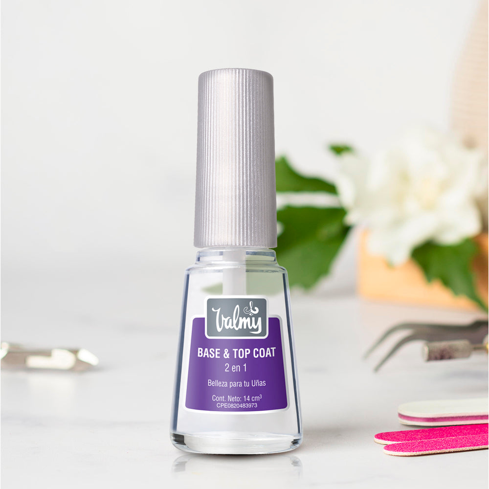 Valmy Base y Top, 2 en 1, Protección y durabilidad para el esmalte con secado rápido. 14 ml.