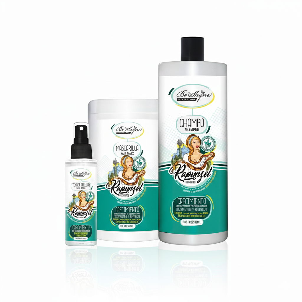 Be´Shyne® Kit Rapunzel ,Champú 1L+ Mascarilla 1L+ Tónico 100ml, reestructura y revitaliza el crecimiento.