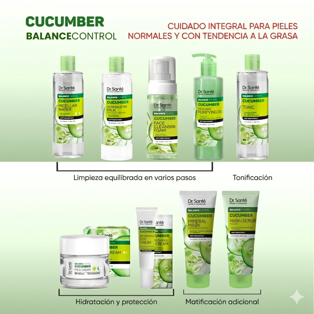 Leche desmaquillante normalizadora Dr.Sante con pepino y control del equilibrio, 200 ml