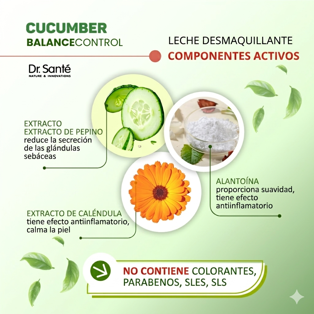 Leche desmaquillante normalizadora Dr.Sante con pepino y control del equilibrio, 200 ml