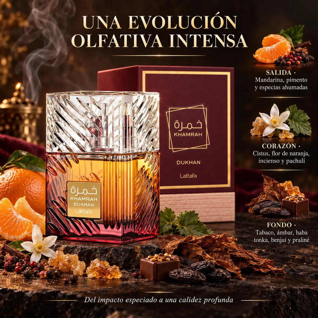Lattafa – Perfume unisex Khamrah Dukhan EDP especiado y ahumado 100 ml