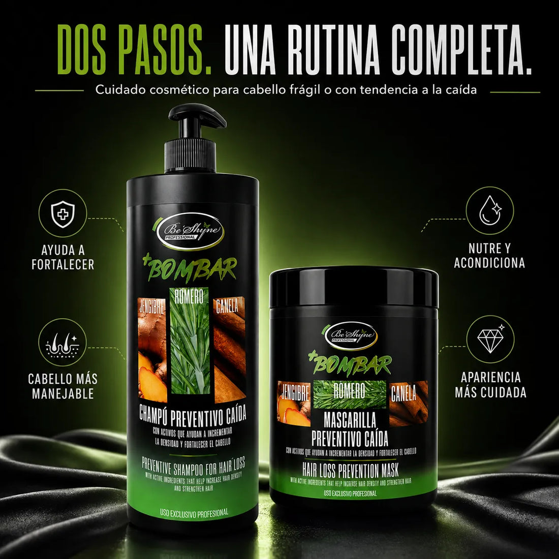 Be'Shyne – Combo Bombar para Cabello con Tendencia a la Caída: Champú 1000 ml + Mascarilla 1 kg