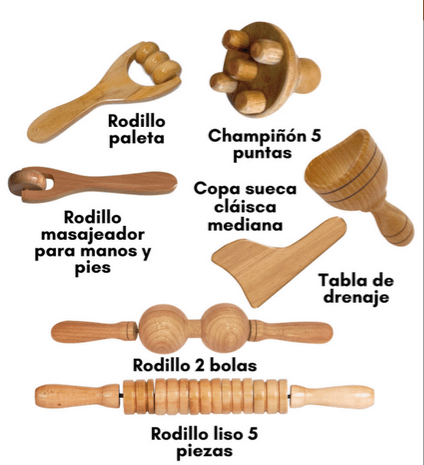 Kit maderoterapia defatigante muscular de espalda y extremidades 7 piezas
