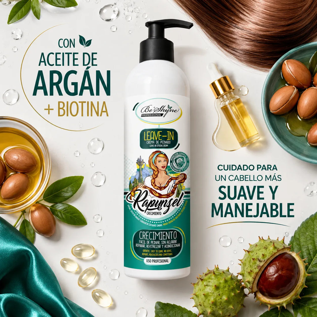 Be´Shyne® – Crema de Peinado Leave-In con Biotina y Aceite de Argán para Todo Tipo de Cabello 500ml
