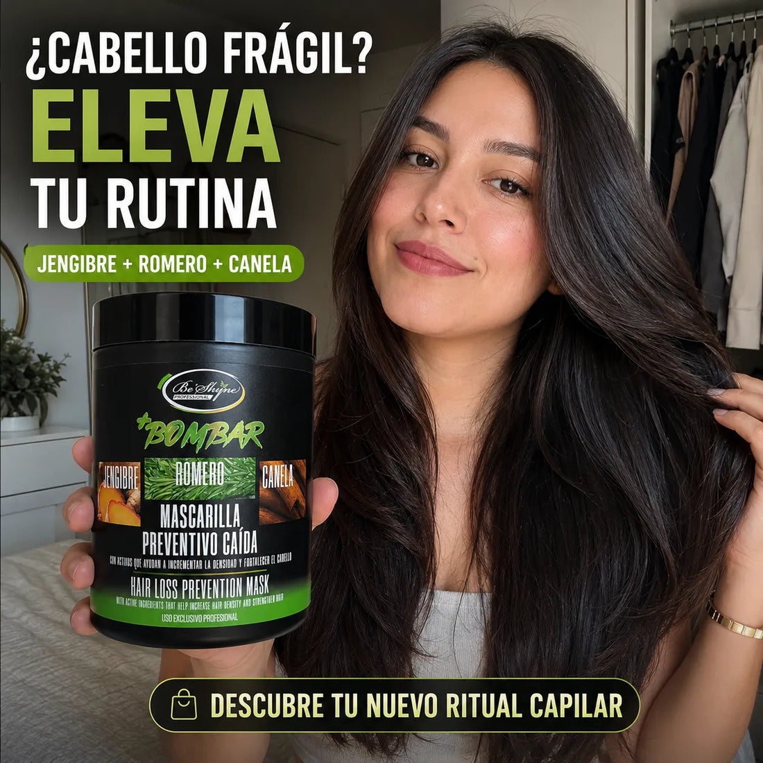 Be´Shyne® – Mascarilla Capilar +Bombar con Jengibre, Romero y Canela para Cabello Frágil 1kg