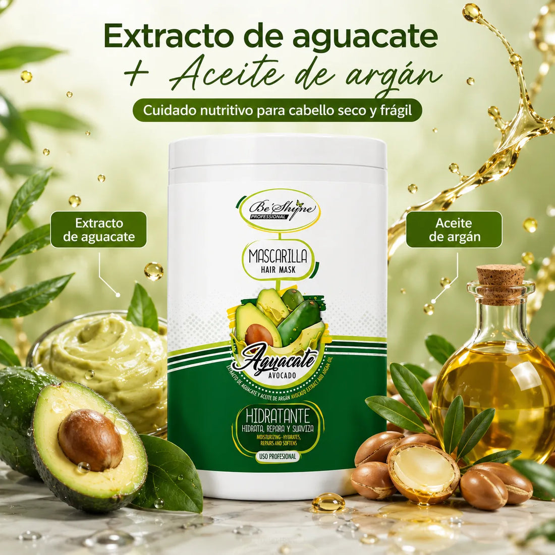Be´Shyne® – Mascarilla Hidratante de Aguacate para Cabello Seco y Frágil 1000ml